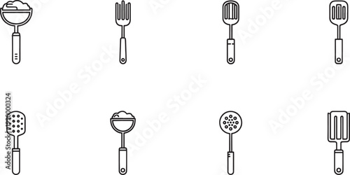 Kitchen utensils black and white line cooking tools
