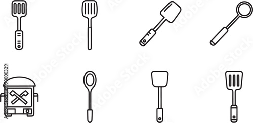 Kitchen utensils and grill black line on white line black and white