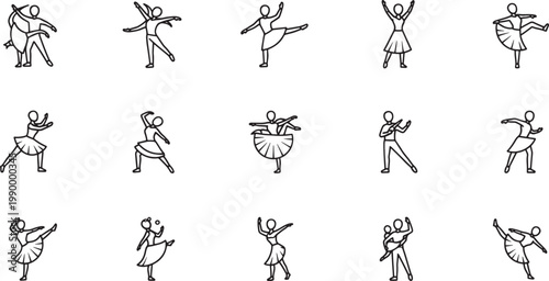 Line of ballet dancers in various poses line black and white