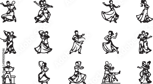Line of 12 dancing couples in various ballroom dance poses