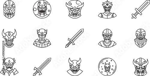 Line of fantasy creature heads, helmets, and swords