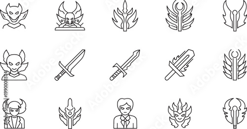 Line of fantasy creatures, swords, and flames line fantasy creatures