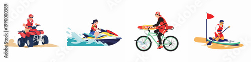 Set of lifeguard characters using different transportation methods like ATV, jet ski, bicycle, and paddleboard for beach safety and rescue operations.