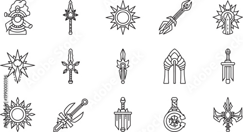 Line of medieval and shields line swords daggers spears