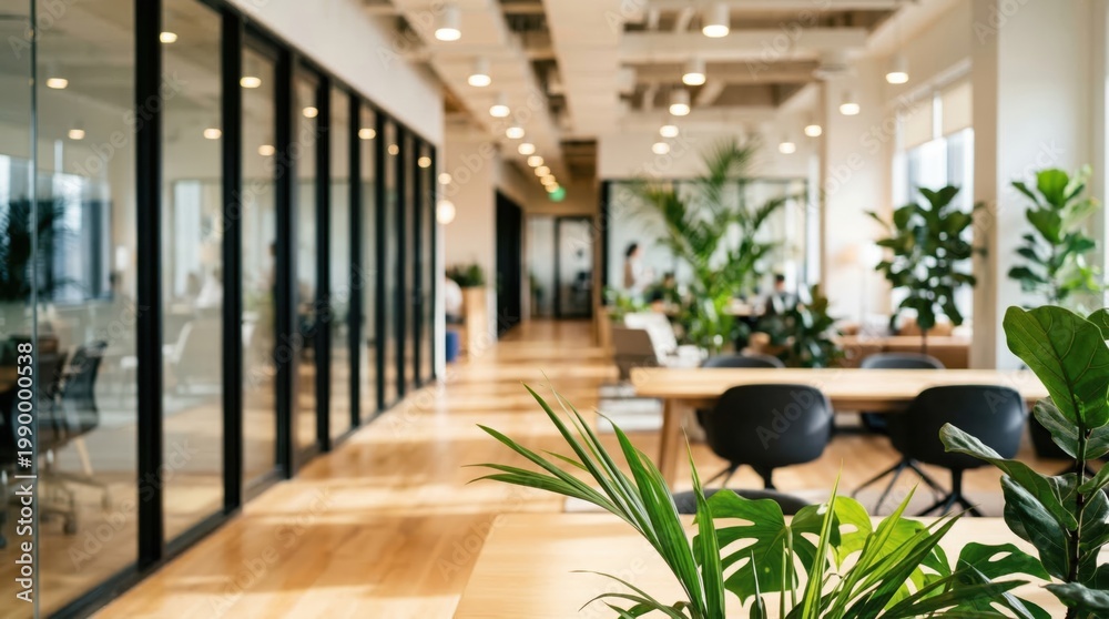 Obraz premium Luxurious modern office interior featuring warm wooden floors, lush green plants, and bright glass walls in sunlight. Perfect eco-friendly workplace concept for sustainable businesses