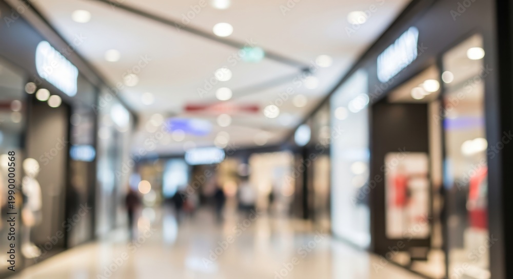 Fototapeta premium Abstract blurred shopping mall interior with storefronts and out of focus shoppers. Generic retail background for commercial marketing, fashion, and consumer behavior concepts