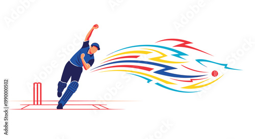 Cricket player bowling, colorful motion lines, sports illustration, athletic action