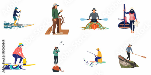 Set of flat illustrations depicting people enjoying various water sports and nautical activities like surfing, kayaking, fishing, and sailing on a white background.