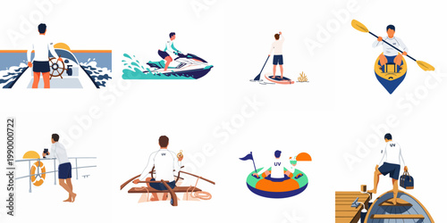 Vector illustration set featuring men participating in diverse water sports and nautical activities, highlighting summer leisure and UV sun protection clothing.