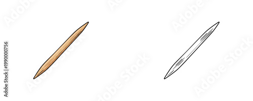 Single wooden toothpick in cartoon and linear styles with sharp points and light brown wood texture used for dental hygiene and appetizers isolated on white background