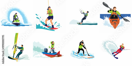 Collection of vector illustrations featuring various water sports activities including jet ski, wakeboard, kite surf, kayak, windsurf, motorboat, paddleboard, and water ski.