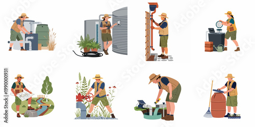 Set of flat style illustrations showing professionals working on sustainable water management, rainwater harvesting, irrigation, and conservation systems.