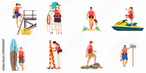 Set of Beach Lifeguard Illustrations Depicting Male and Female Rescuers in Various Roles, Actions, and Using Safety Equipment on White Background