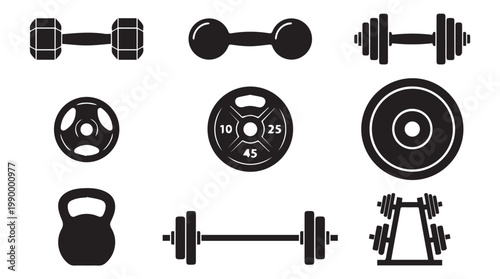 Black icons of gym weights equipment.
