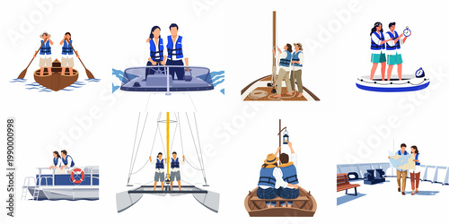 Collection of Illustrations Featuring People Engaged in Diverse Boating and Sailing Activities on Various Watercraft with Safety Gear