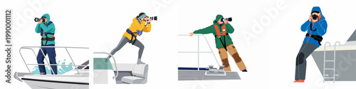 Set of vector illustrations depicting photographers in gear capturing moments from various positions on a boat during an outdoor expedition.