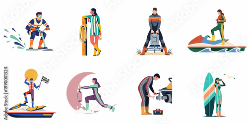 A collection of vintage-style illustrations featuring men and women participating in various water sports activities like jet skiing and surfing.