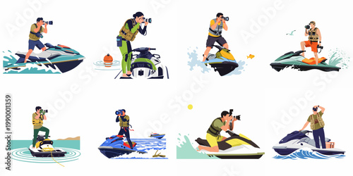 Flat vector illustrations of professional photographers taking pictures from jet skis, capturing action on the water in various dynamic poses.