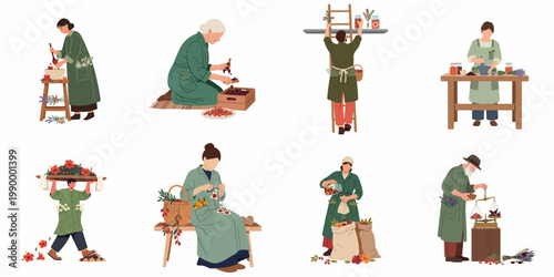 A collection of characters engaged in traditional herbal medicine production, from harvesting and drying flowers to preparing natural remedies and apothecary jars.