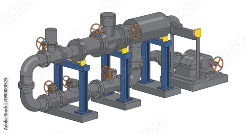 Industrial pipeline system with valves and pumps.