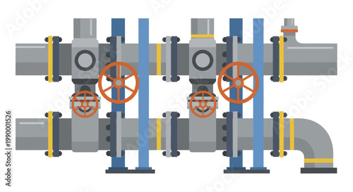 Industrial Piping System with Valves and Flanges.