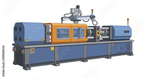 Industrial plastic injection molding machine with robotic arm for manufacturing.