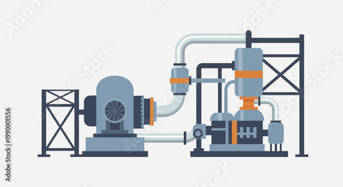 Industrial Pumping Station Equipment with Pipes and Structures.