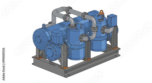 Industrial Pump System with Multiple Blue Units and Piping.