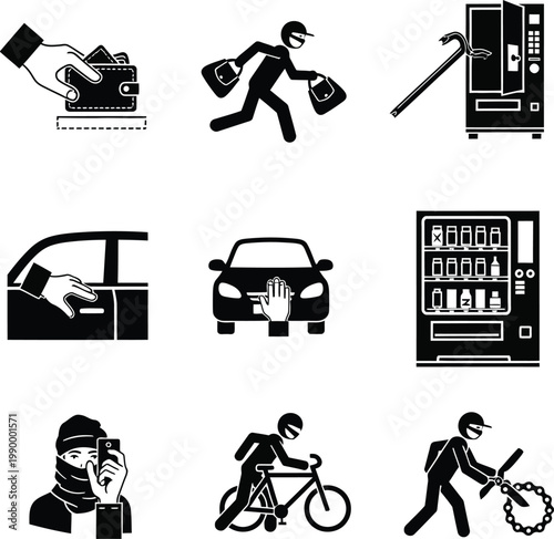 Black and white of theft and burglary crime symbols