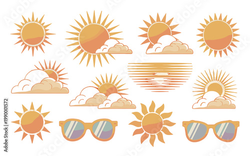 Various depictions of the sun, clouds, and sunglasses, perfect for conveying summery vibes.