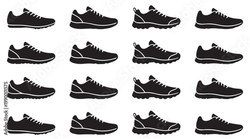 Black athletic shoes in rows.