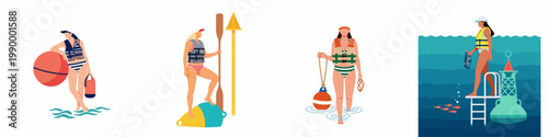 Flat vector illustrations of women in swimsuits and life vests with maritime buoys and water sports equipment.