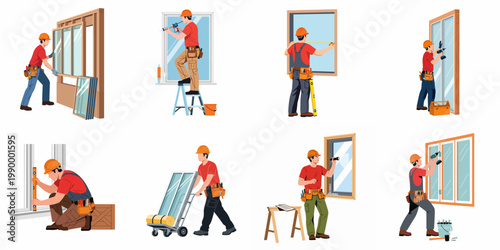 Professional construction workers performing various window installation and repair tasks such as measuring, sealing, and fitting glass panes in home renovation projects.