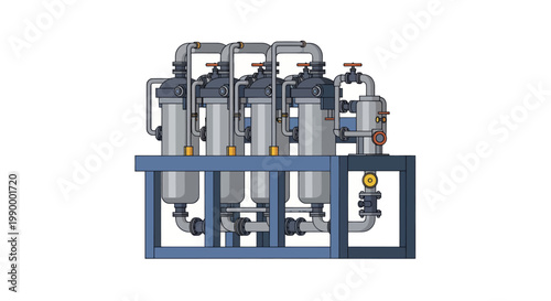 Industrial water filtration system with multiple tanks and pipes for purification.