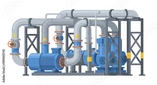 Industrial water pump station with pipes and valves for fluid transfer.