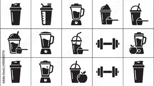 Black icons of blenders and dumbbells.