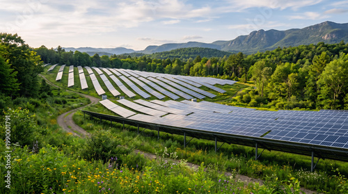 Aerial View of Solar Panel Farm Surrounded by Lush Green Forest