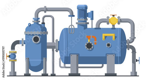 Industrial water treatment plant with pipes and tanks.