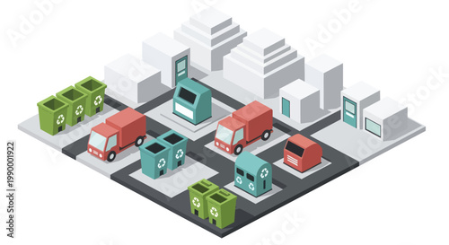 Isometric Cityscape with Recycling Trucks and Bins.