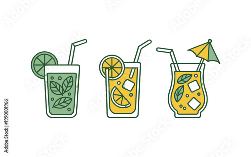 Refreshing glasses of cold drinks with ice and slice of lemon.