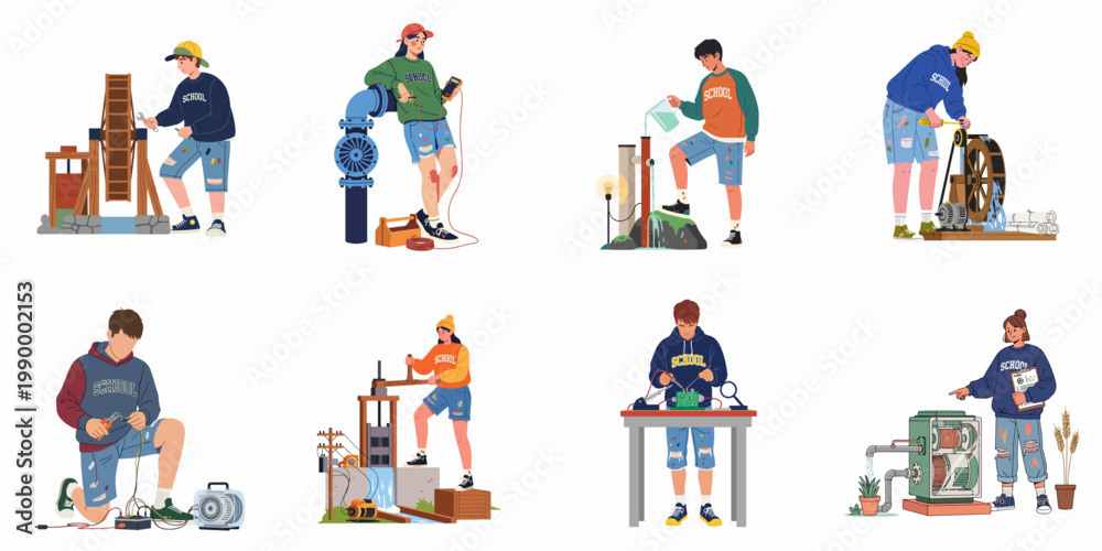 Fototapeta premium Collection of student illustrations performing various engineering experiments, focusing on renewable energy, mechanics, and electronics for STEM education.