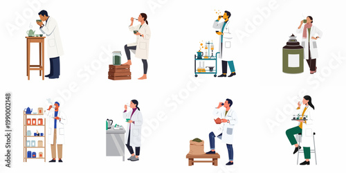 Collection of diverse professional tea tasters and quality control scientists in lab coats conducting beverage sensory analysis and testing.