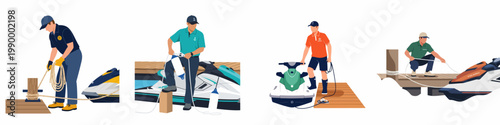 Set of professional marina workers docking and maintaining various jet skis on a wooden pier, isolated flat vector illustration on white background.