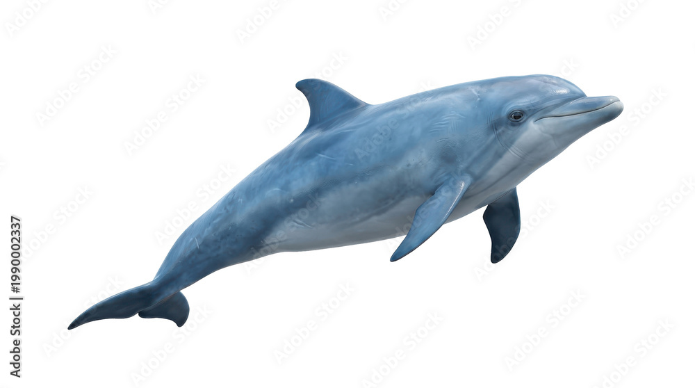 Fototapeta premium Graceful blue bottlenose dolphin swimming in a side profile, captured as a clean 3d render isolated on a white background for a serene mood.