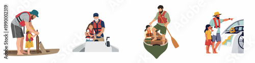 Vector illustration set featuring fathers and daughters bonding through diverse boating activities, including canoeing, rowing, motorboating, and navigating on a yacht together.