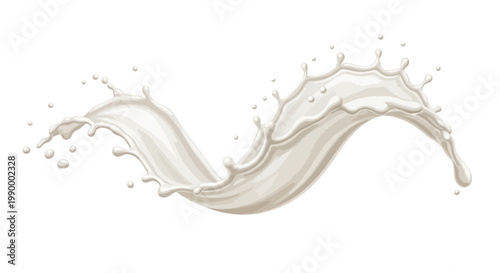 A flowing, stylized vector illustration features a dynamic milk splash design on a clean white background, rendered with smooth gradients and highlights to create a visually appealing