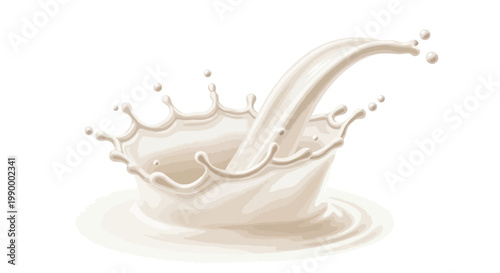 Detailed vector illustration of a dynamic milk splash, featuring a crown-like burst and droplets, rendered in a clean, minimalist style with a creamy white color palette against a pristine