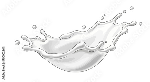 Detailed vector illustration showcasing a dynamic milk splash with intricate droplet details, presented in a clean, minimalist style against a white background, conveying a sense of purity