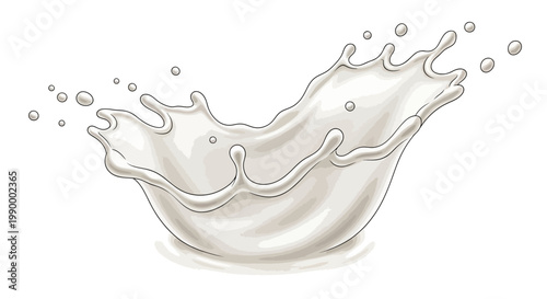 A detailed vector illustration depicts a dynamic milk splash with droplets cascading, conveying a sense of purity and freshness against a clean white background, creating a visually