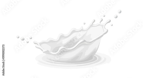 A dynamic vector illustration shows a realistic milk splash frozen mid-air against a clean white background, featuring a detailed, high-contrast design and creating a sense of freshness